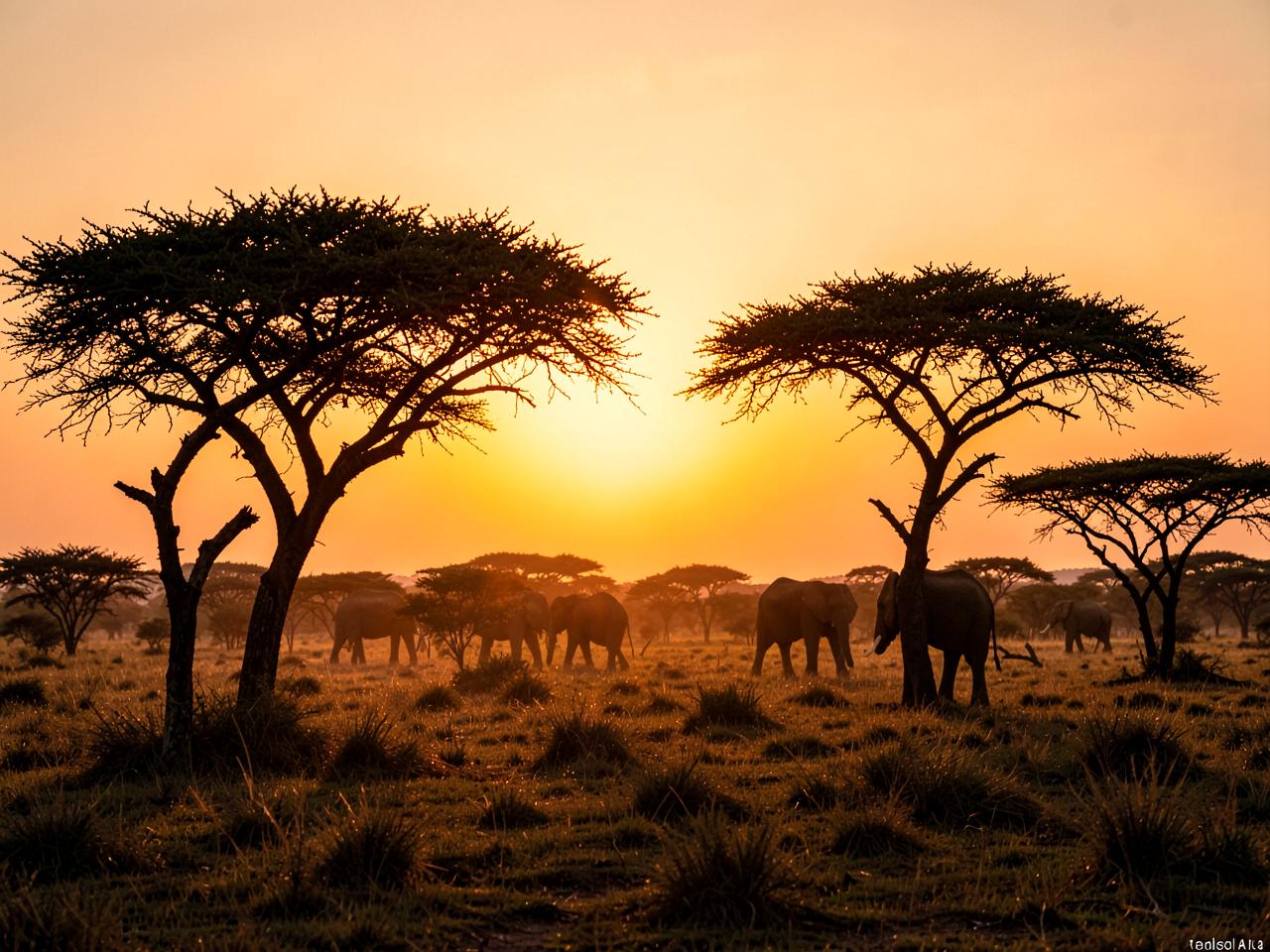 Acacia trees and elephants on African savannah at sunset