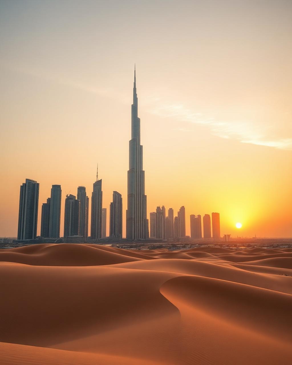 Dubai skyline above desert dunes at sunset