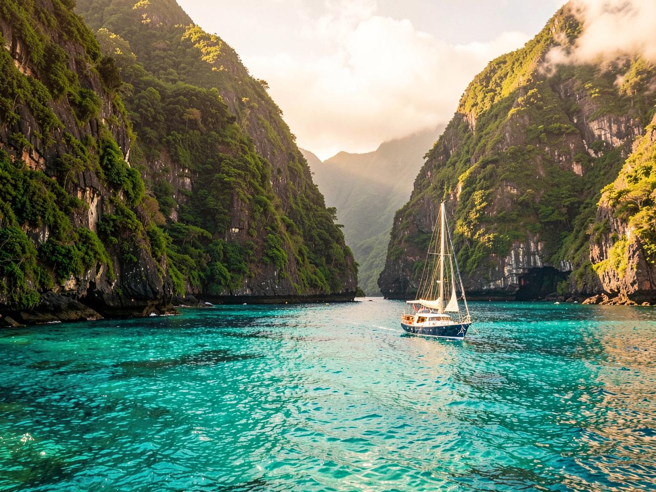 Turquoise bay with green cliffs and a sailing boat