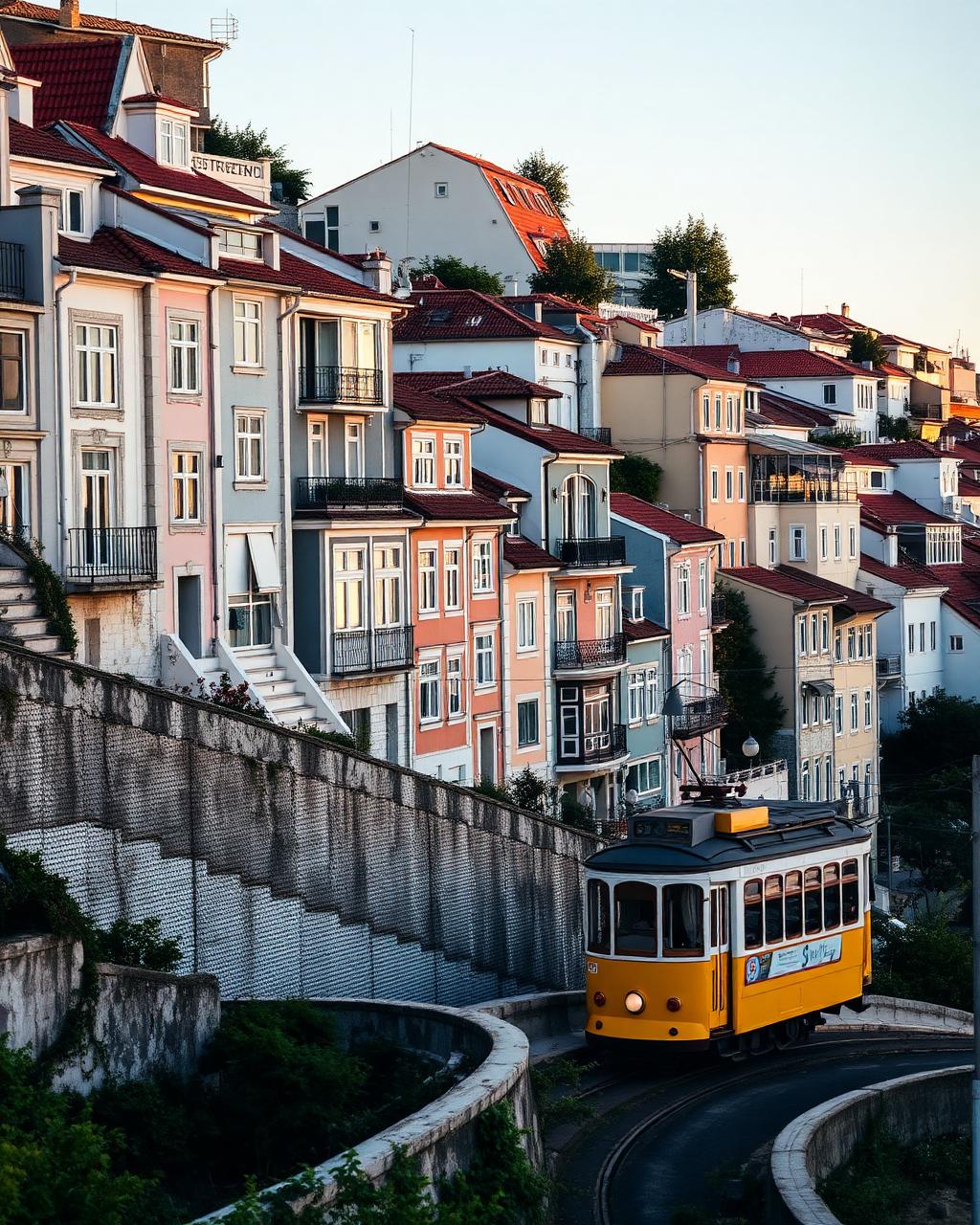 Colourful Lisbon hillside houses with a yellow tram