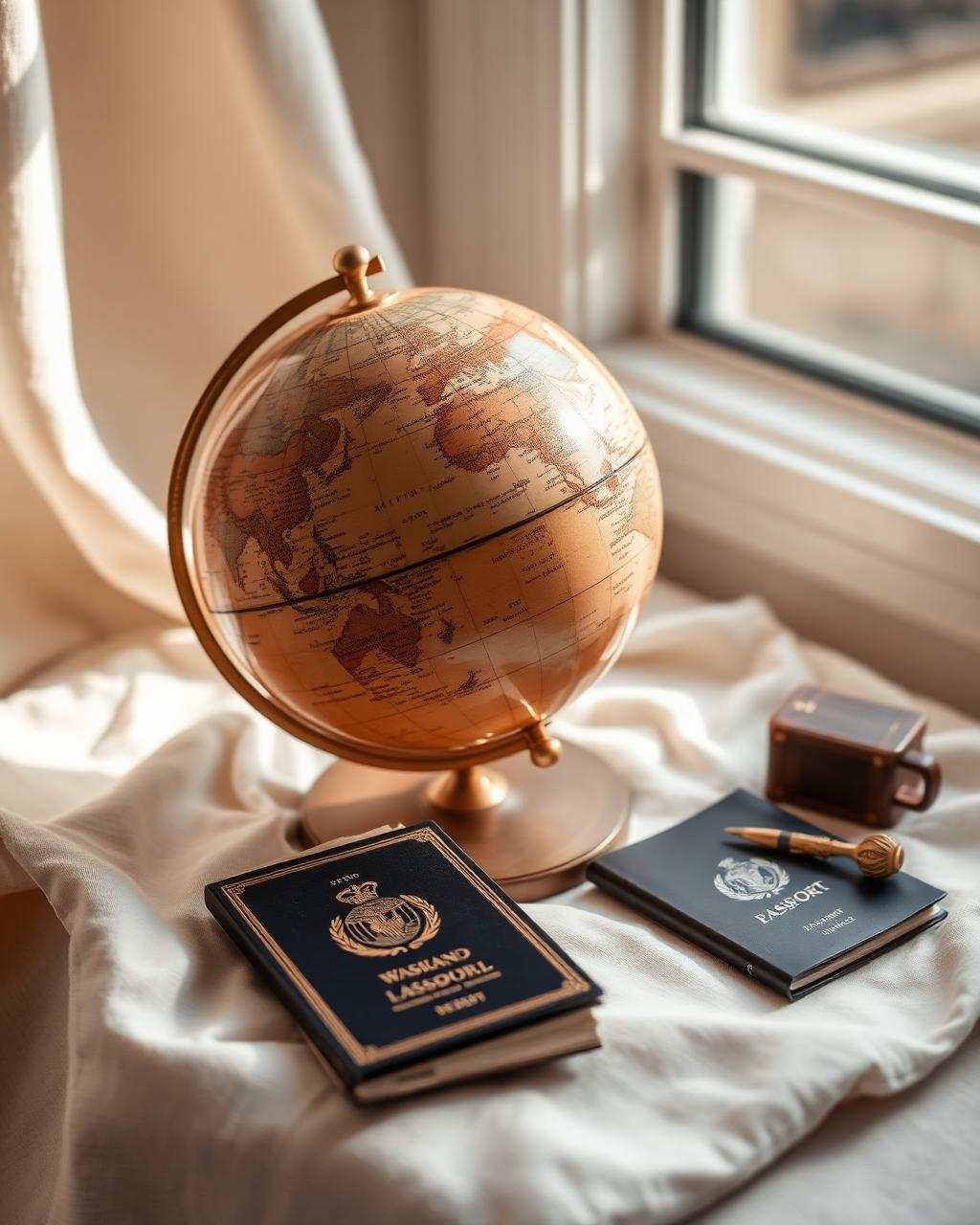 Vintage globe and passports on cream linen