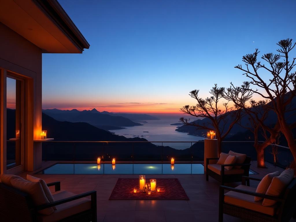 Candlelit villa terrace overlooking mountains at dusk