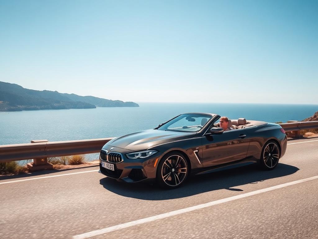 Convertible car on a coastal road