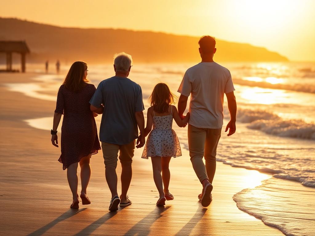 Family walking on a beach at golden hour
