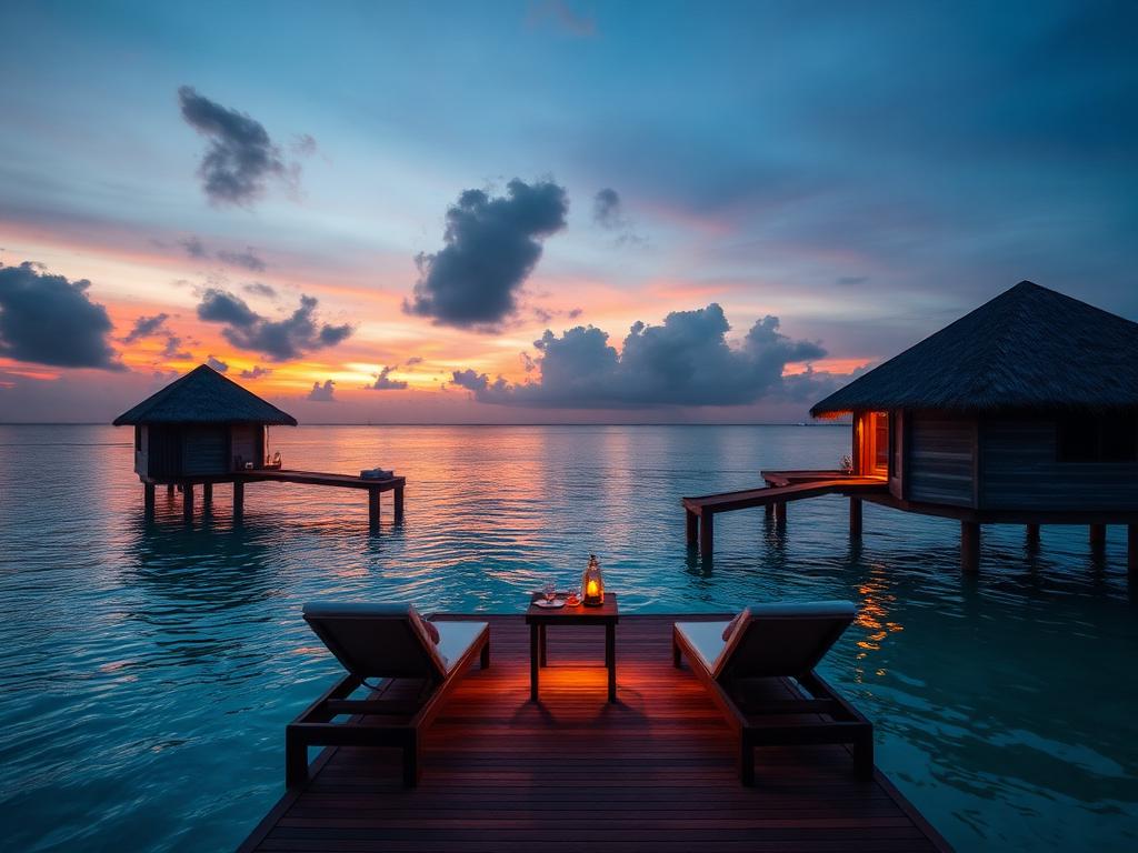 Overwater villas at sunset